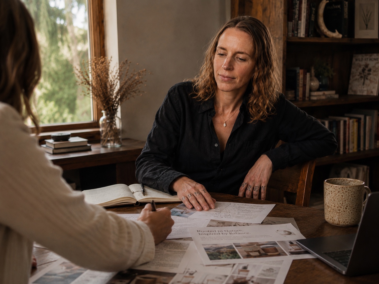 Raven at a wooden table reviewing documents with a client taking notes, in a working interior with a bookshelf and a window letting in afternoon light.