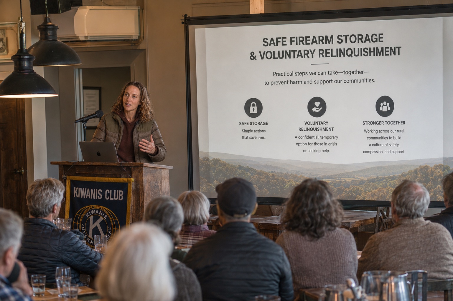Raven speaking at a podium to a seated audience in a community room, with a projected slide titled Safe Firearm Storage and Voluntary Relinquishment behind her and a Kiwanis Club banner on the podium.