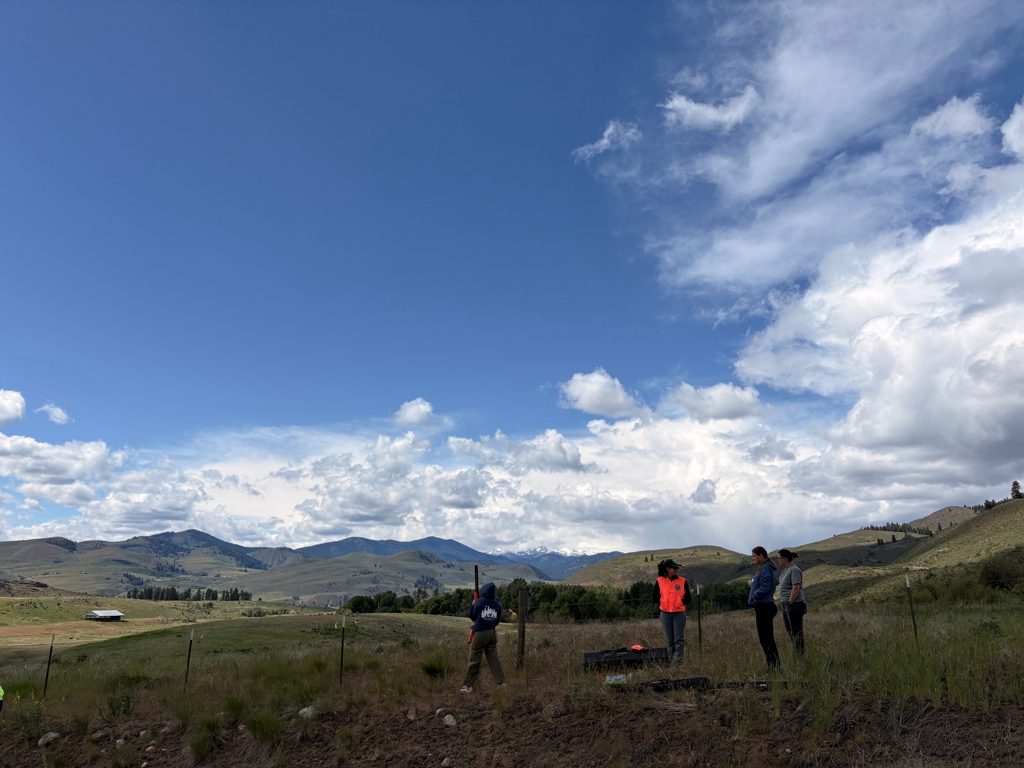 A wide view of the Methow Valley landscape under cumulus cloud cover, with a small group of field skills participants standing along a wire fence line in the middle distance, looking out across rolling hills toward distant snow-capped peaks.